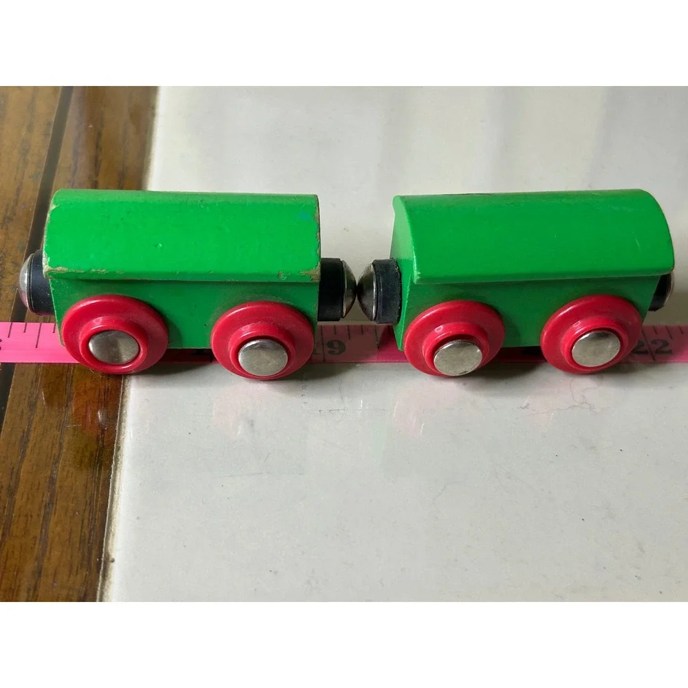 Green Wooden Toy Train Cars Magnetic 2 Piece Set Compatible with Brio Thomas